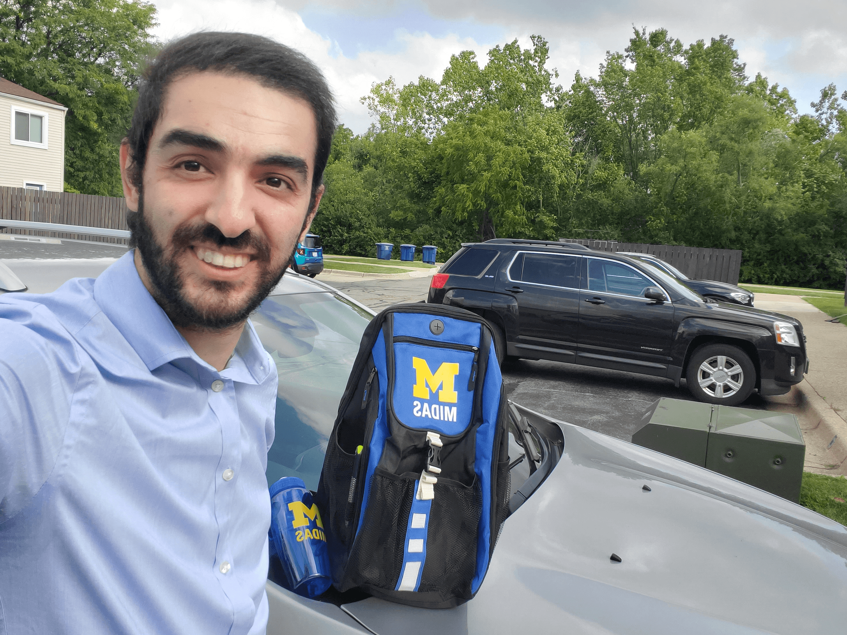 Visual representation for tip: Majdi’s first award in Michigan was a water bottle and a backpack after winning best faculty pitch award. When asked about the award: “It is true I was thirsty after the pitch, but I did not expect the prize to be a water bottle”.