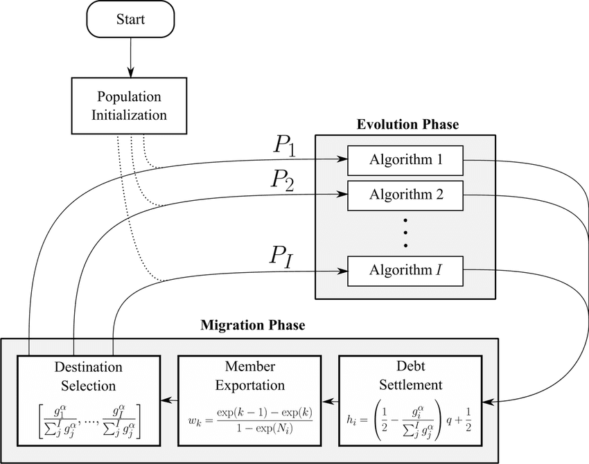 Animorphic ensemble optimization: a large-scale island model